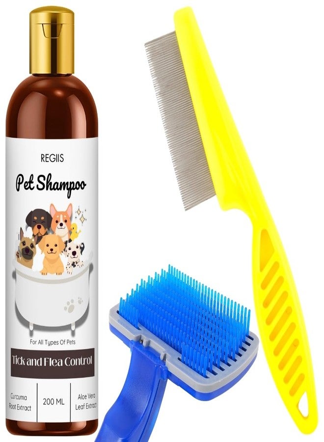 مجموعة ريجيس للعناية بالحيوانات الأليفة مع شامبو للتحكم في القراد والبراغيث، وفرشاة ذاتية التنظيف، ومشط معدني للبراغيث، 200 مل (عبوة من 3 قطع) - Image 1